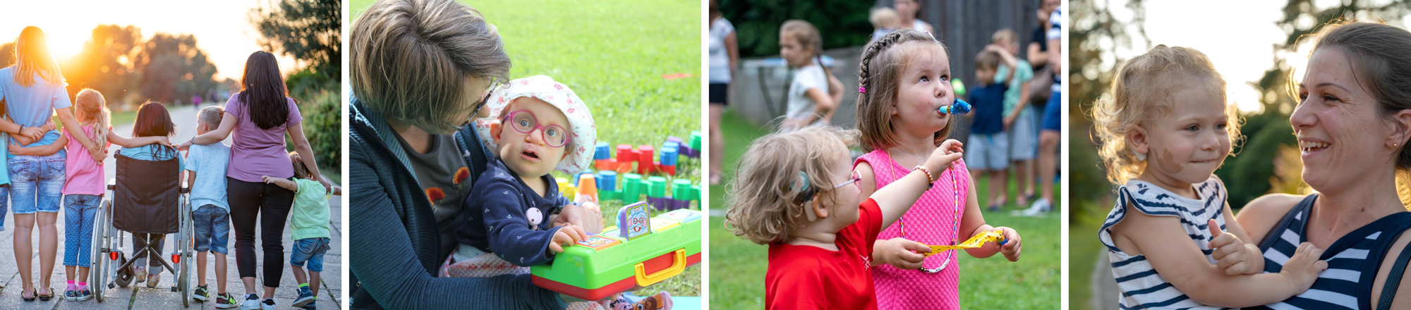 The image shows four different photos of children with disabilities. Some children have a cochlear implant, for example.