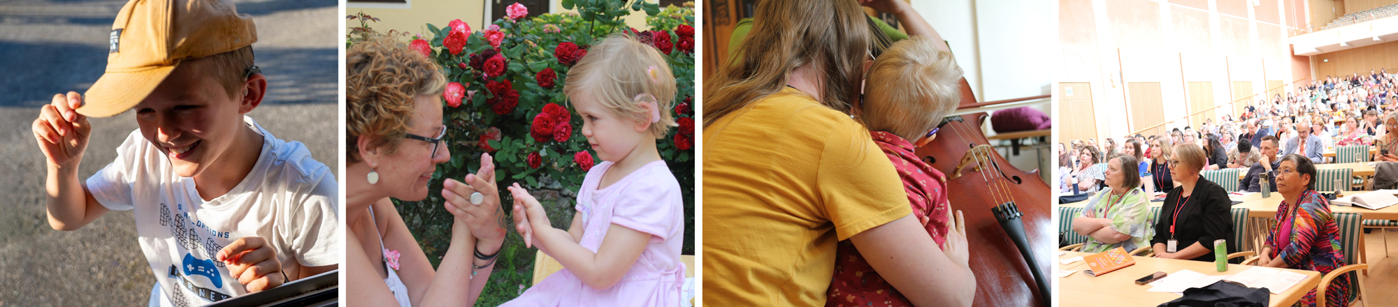 The image shows four different photos of children with disabilities. Some children have a cochlear implant, for example.