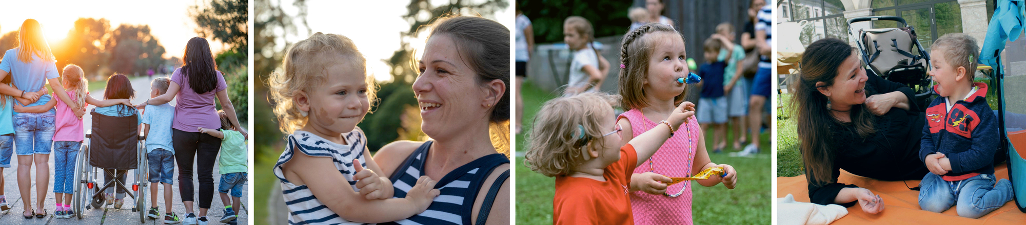The image shows four different photos of children with disabilities. Some children have a cochlear implant, for example.