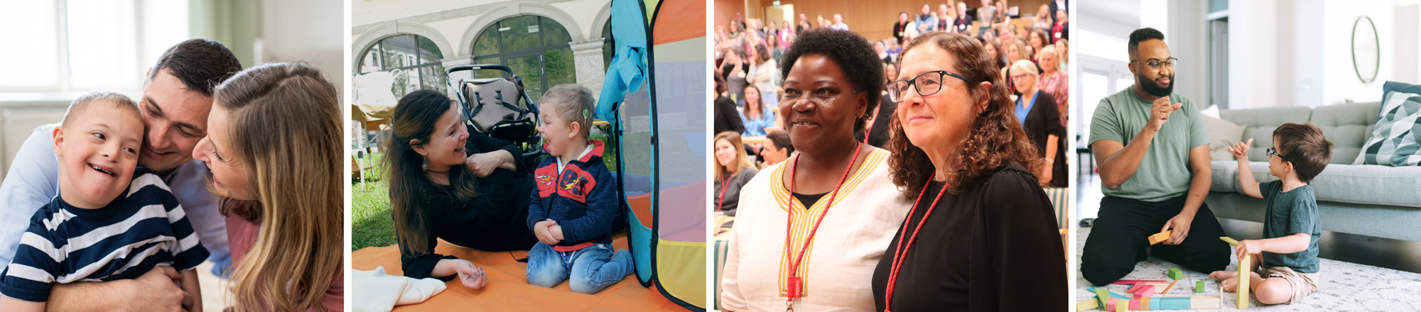 The image shows four different photos of children with disabilities. Some children have a cochlear implant, for example.